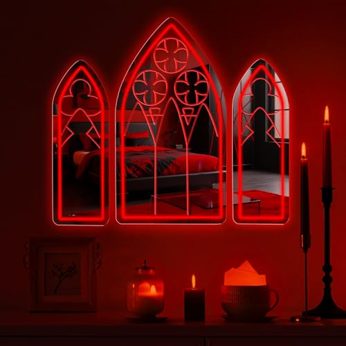 Image of DUOLIYBC Gothic Neon Sign, Medieval Goth Mirror Set, Window Mirror Neon Signs for Wall Decor, Gothic Cathedral Decor, Witch Mirrors 16″ x 9.4″