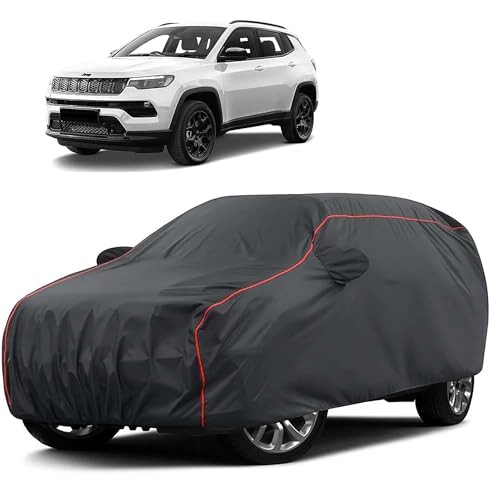 Image of Sulfar 100% Water Resistant Car Body Cover Compatible with Mirror for Jeep Compass (Triple Stitched, Full Bottom Elastic, Dark Grey Taffeta with Red Piping)