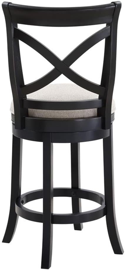 BOWERY HILL X-Back Swivel Counter Height Bar Stool, 26-Inch Seat, Solid Wood Frame, Black Finish, Light Gray 3-Inch Cushioned Polyester Seat, French Curve Design, Adjustable Levelers, Kitchen or Bar