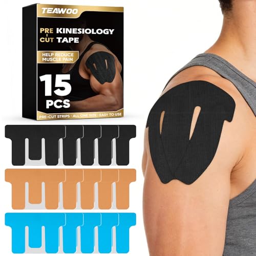 TEAWOO PreCut Kinesiology Tape for Shoulder (15 Pcs) Waterproof & Breathable Athletic Enhanced Adhesion & Elasticity Shoulder Pain Relief Support for Sports & Daily Use (Black Beige & Blue)
