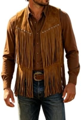 Men's Open Front Tassel Vest Sleeveless Western Cowboy Waistcoat Halloween Club Party Fringe Cardigan Jacket Outerwear (US, Alpha, XX-Large, Regular, Regular, Brown) - Image 7