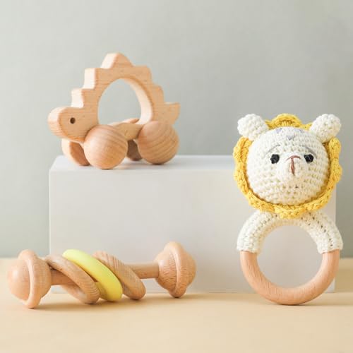 Image of Wooden Baby Rattle 3 PCS Push Car Rattle Set Crochet Rattle Ring Wooden Montessori Toy for Newborn Infant Baby Gifts (Lion Rattle)