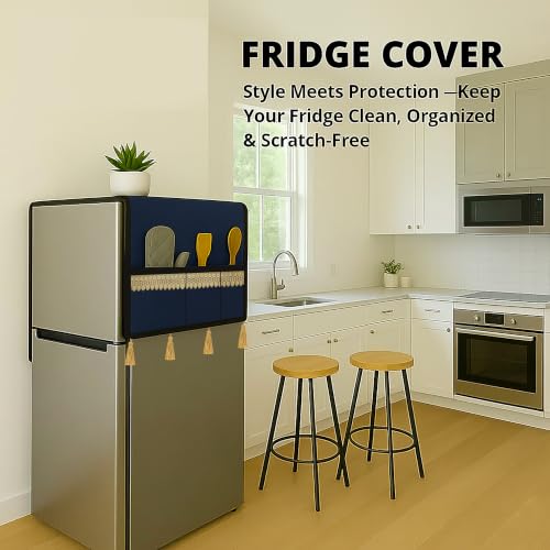 Image of Refrigerator Single Door Waterproof, Dustproof, Tassel Lace Refrigerator Top Cover, Protective Cover for Fridges with Extra Storage Space Nylon Top cover with 6 Storage Pockets (Navy Blue,130 x 54 cm)