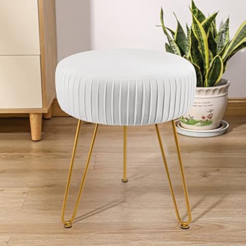 TOUCH-RICH Stripe Velvet Vanity Chair Round Ottoman,Upholstered Vanity Makeup Footstool Side Table Dressing Chair with Golden Metal Legs (Beige, Round-Normal) Cover