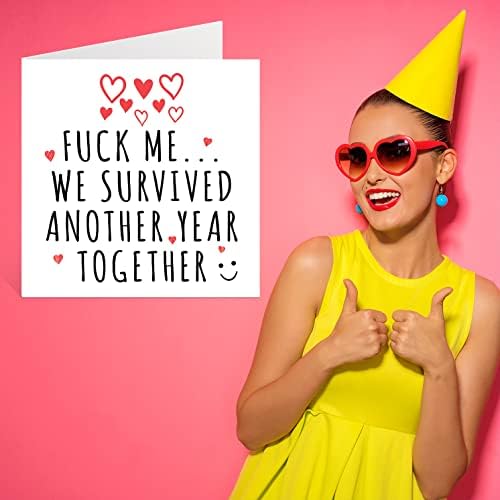 Funny Anniversary Card for Her Him - F**k Me We Survived Another Year - Wedding Anniversary Card for Husband Wife, 145mm x 145mm Greeting Cards, Valentines Card Girlfriend Boyfriend Partner Fiancé
