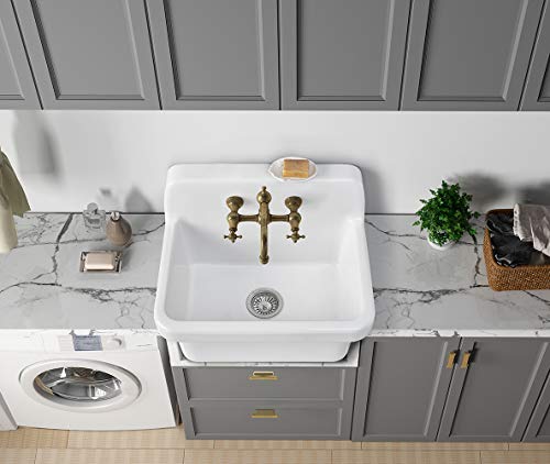 ELLAI 24 Inch White Ceramic Farm Style Wall Mount Utility Sink High Back Wall Mounted Laundry Tub 10 Gallon Farmhouse Sink Slop for Laundry Room, Garage, Kitchen, Bathroom 24" x 19" x 16.5"