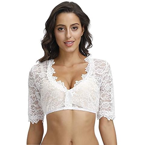 ELFIN Damen Dirndlblusen Kurzarm Spitze Tracht Bluse Elegante Halbarm Bluse von 34-42 Cover