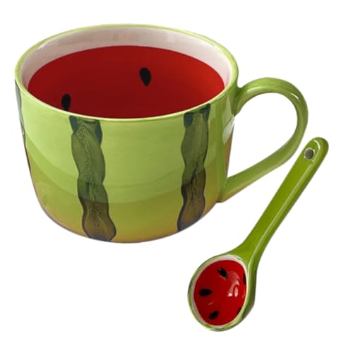 UTHCLO Taza Cerámica con Diseño de Sandía y Cuchara Multifuncional para Café Leche y Desayuno para Hogar y Oficina Color Vibrante Verano