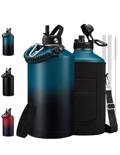 Image of 1 Gallon Water Bottles with Straw Spout Lids, Cold 48H & Hot 24H Gallon jug | Combo Carrier Bag, Paracord Handle & 2 Lids, Protective Boot, Stainless Steel Insuated Water Bottle For Travel Sports Gym