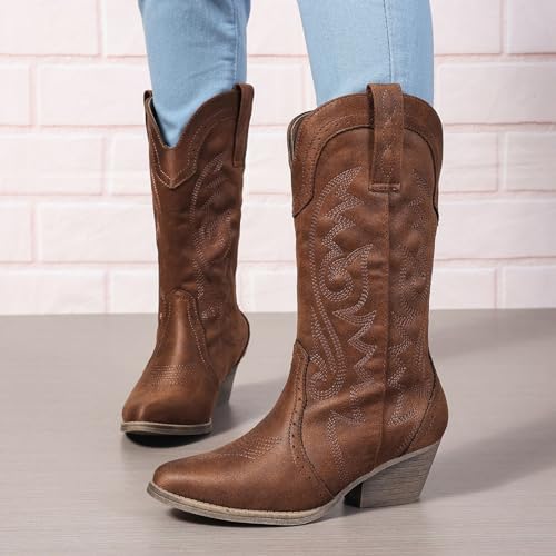 Image of SelRoys Cowboy Boots for Women Cowgirl Mid Calf Western Pointy Toe Boots Embroidered Stitched Chunky Heel Red Brown US5-11