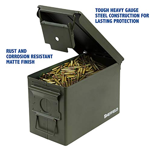 Sheffield 12642 Military Style 50-Cal Ammo Can, Airtight and Water-Resistant Ammo Storage, Heavy Gauge Steel Ammo Cans, Ammo Boxes for Storage, Green