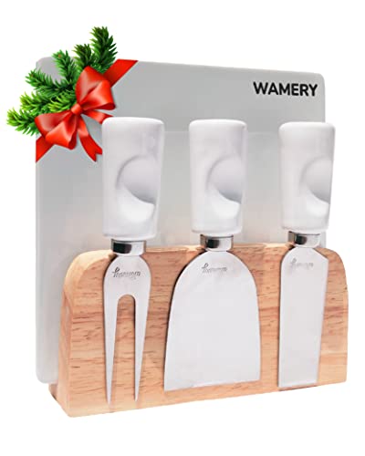 Wamery Cheese Knife Set - 3 Stainless Steel Cheese Knife Set For Charcuterie Board And Small Ceramic Cheese Cutting Board With Magnetic Wooden Holder Portable For Pairing With Wine Meat Fruit #TOP8