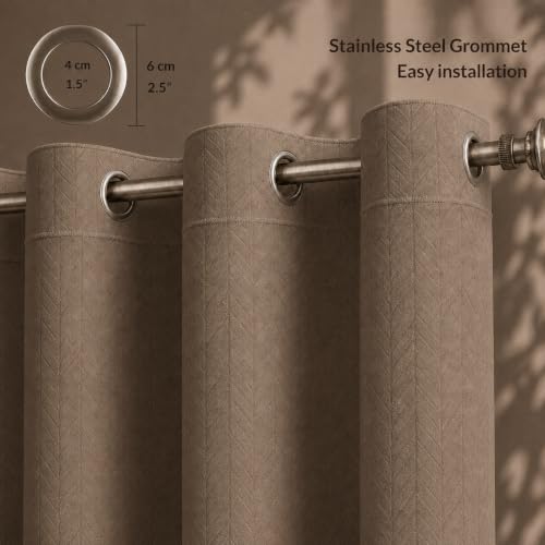 Image of LINENWALAS 100% True Blackout Window Curtains 6 Feet Set of 2 |Embossed Herringbone Leaf Design|Room Darkening Curtain |Thermal Insulated Curtains for Living Room, Bedroom (6 Feet, Light Brown)