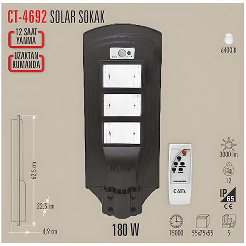 Ct-4692 Solar Güneş Enerjili Uzaktan Kumandalı Bahçe Sokak Aydınlatma Lambası, 6400K, 180W