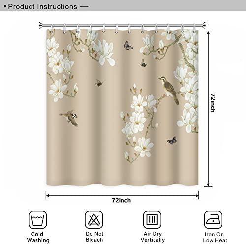 Umpoo Flower Bird Bathroom Shower Curtain White Magnolia Retro Asian Oriental Antique Shower Curtain Polyester Waterproof Fabric Artistic Elegant Home Decor Shower Curtain With Hooks, 72X72 Inch #TOP6