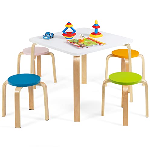 Infans Kids Wooden Table And Stool Set, 5-Piece Activity Table With 4 Stools For Toddler Building Block Drawing Reading Art Crafts, Children Natural Furniture Set For Playroom Kindergarten Classroom #TOP16