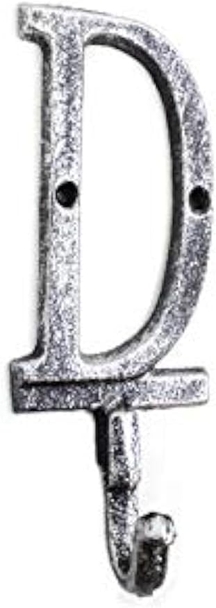 Hampton Nautical Rustic Silver Cast Iron Letter D Alphabet Wall Hook 6" - Home Wall Decor - Cast