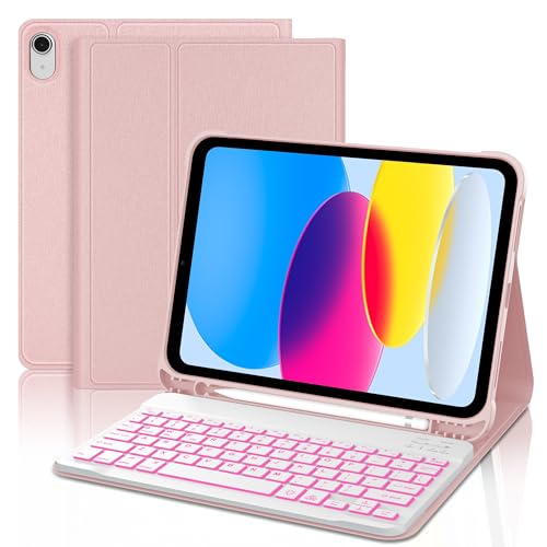KVAGO Keyboard Case for iPad 10th Generation 10.9 inch 2022 - Bluetooth Keyboard, 7 Color Backlit, Detachable Wireless, Built-in Pencil Holder - Smart Folio Case