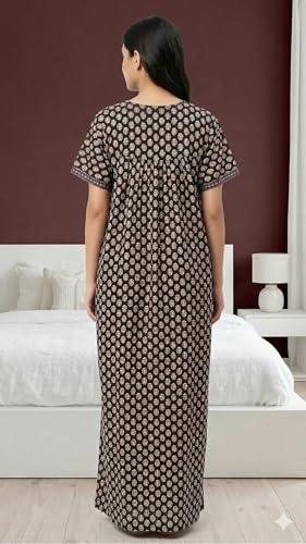 Image of Evolove Cotton Nighty Maxi for Women with Side Pocket | Floral Print Round Neck Short Sleeves Full Length Night Wear Gown