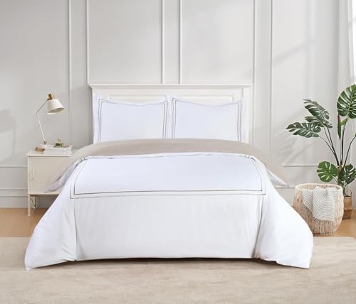 Majestic Giftware Madison Linen 4 Pcs 48" Full Size Duvet Bedding Set (BL51-48F-3-4pcs) Flora Hotel Collection-White-Taupe Embroidery 400 TC Cotton Sateen | 1 Fitted Sheet, 1 Duvet, 2 Pillowcase