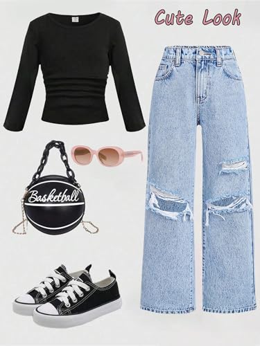 Baggy Jeans for Girls Wide Leg Ripped High Elastic Waisted Denim Pants Cute Summer Trousers Y2K Streetwear 7-14Y3