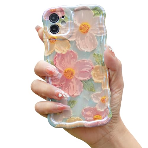 Mouzor Cute Case for iPhone 11, Colorful Retro Oil Painting Printed Flowers Case, Fashion TPU Floral Laser Beam Glossy Pattern Curly Waves Frame Shockproof Protective Case Cover for Girls Women