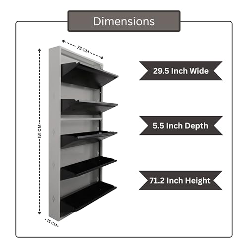Image of 5 Door Metal Shoe Rack with Door Wall Mounted | Fits Size 12 Shoes | Steel Shoe Cabinet 30 Inch Wide 15 Pairs Capacity | CRC Heavy Duty Powder Coated | Dual Lock System (Dark Brown, 5 Door)