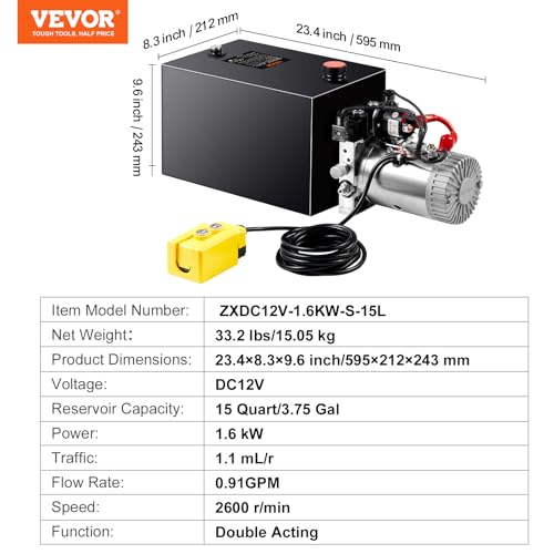 Vevor 15 QUART DOUBLE ACTING HYDRAULIC PUMP 15 Quart Power Unit Double Acting, 0.91 Gpm Flow Rate, 3200 Psi Max Relief Pressure,Dc 12V Hydraulic Pump thumb #6