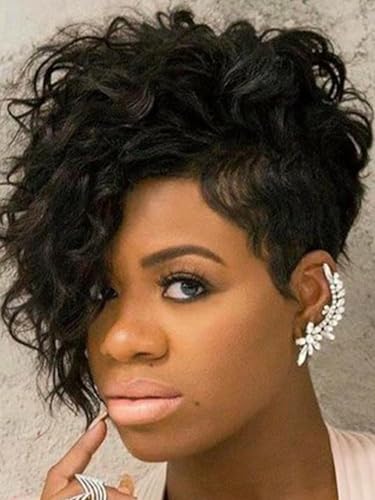 Unipearl Short Curly Pixie Cut Wig Human Hair for Black Women Bob Glueless Wear and Go Wig Brazilian Human Hair Loose Curl Haircut Side Bangs Natural Wavy Wigs Fashion Wigs