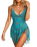 Ekouaer Beach Swimsuit Cover Up Women Crochet Bikini Coverups Summer Pool Swimwear Tassel Dress Peacock Blue