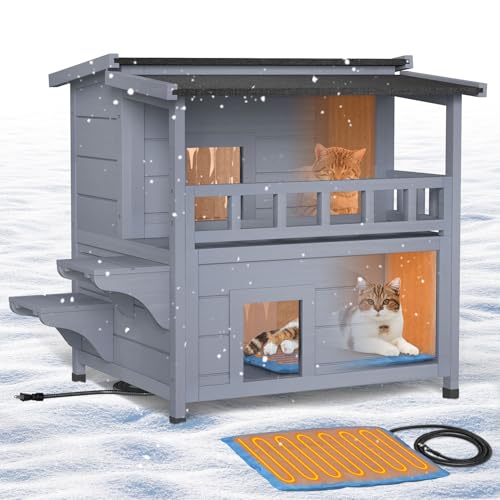 PETIMBER Heated Cat House for Outside - 2 Story Cat Houses for Outdoor Cats, Wooden Outdoor Cat...