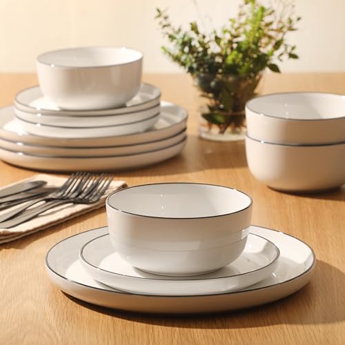 Image of Gibson Home Oslo 12-Piece Porcelain Dinnerware Set - Dinner Plates, Salad Plates & Bowls, Classic White With Black Rim Everyday Dish Set for Home, Kitchen, Microwave & Dishwasher Safe