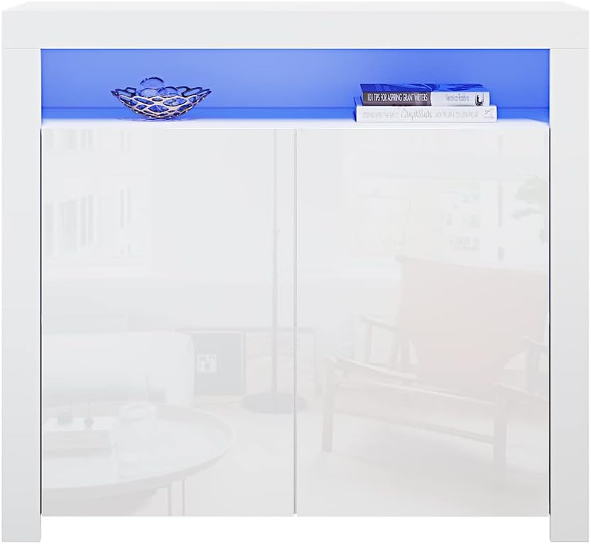 Modern Sideboard Cabinet with Doors and Shelves High Gloss Fronts Storage Cupboard with RGB LED Lights Living Room and Dining Room Furniture (White)