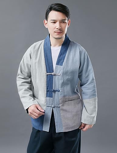 Mens Cotton Linen Patchwork Warm Fleece Lined Open Front Cardigan Frog Buttons Vintage Hippie Jacket4