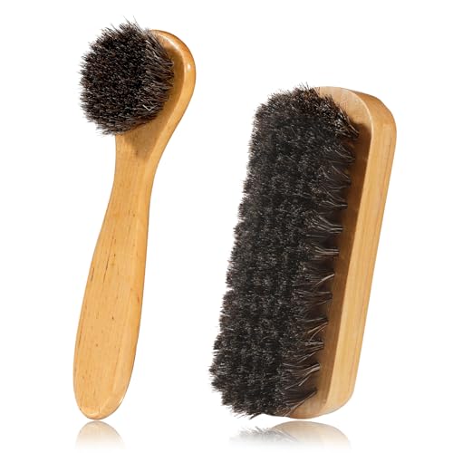 Shoe Brush, Boot Brush, 2 Pieces Horse Hair Brush for Leather, Shoe Brushes for Cleaning, Shoe Polish Brush, Horsehair Shoe Brush Leather Shoes Boot Cleaning Brush Care Clean Dauber Applicators