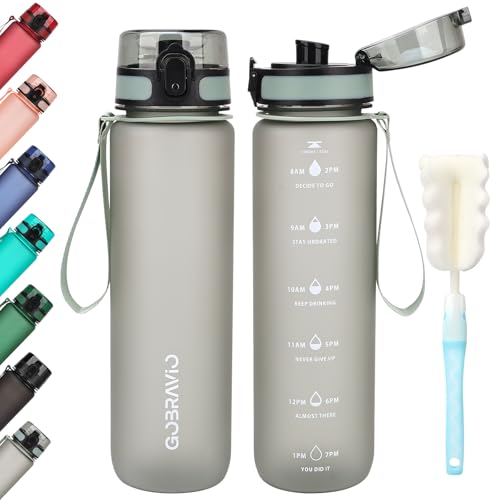 Gobravio Water Bottle 1l, Drinking Bottle BPA Free, Sports Bottle Leakproof Dishwasher Safe Water Bottle for Teenager, Adult, Sports, Hiking, Gym, Outdoor, School & Office