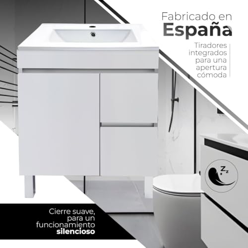 EL BAÑO MODERNO Juego Mueble Baño con Lavabo. Mueble Lavabo 60 cm. Mueble Bajo Lavabo Compacto Preinstalado de Fábrica. Mueble Baño con Lavabo 60 cm con Pie de Porcelana. No Incluye Espejo. - imagen 5