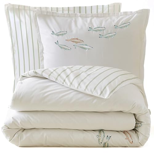 Juego de 240 x 220 cm, funda de almohada de 65 x 65 cm, percal de algodón bordado con hilo de agua blanco, 3 piezas