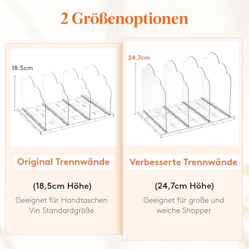 Lifewit 2 Stück Taschen Organizer Schrank mit 8 Trenner, Kunstoff Handtaschen Aufbewahrung, Verstellbar Taschenständer, Abnehmbar Schrank Organizer für Taschen Kleidung Bürounterlagen Küchenutensilien