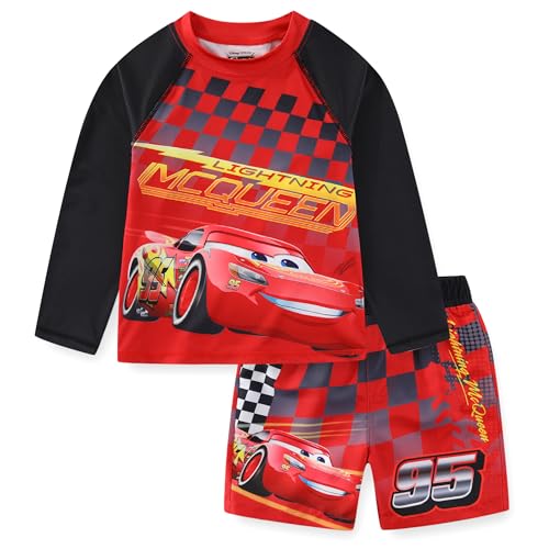 Disney Cars Lightning McQueen Boys UPF 50+ Rash Guard and Swim Trunks Swimsuit Set for Toddler and Big Kids
