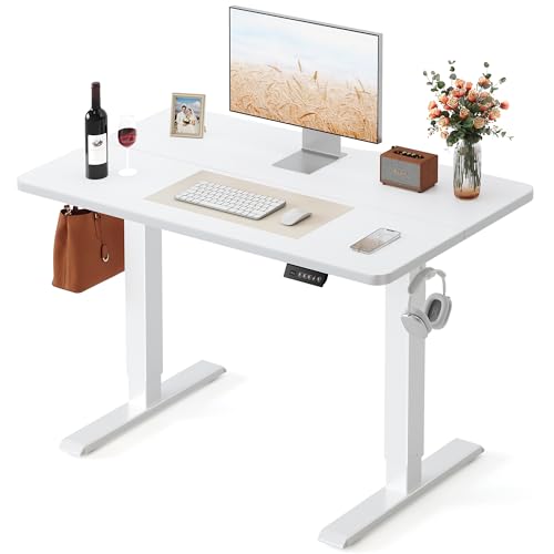 FEZIBO 40 x 24 Inchs Electric Standing Desk, Height Adjustable, Sit Stand Up, Computer Office Desk with Splice Board, White Frame/White Top