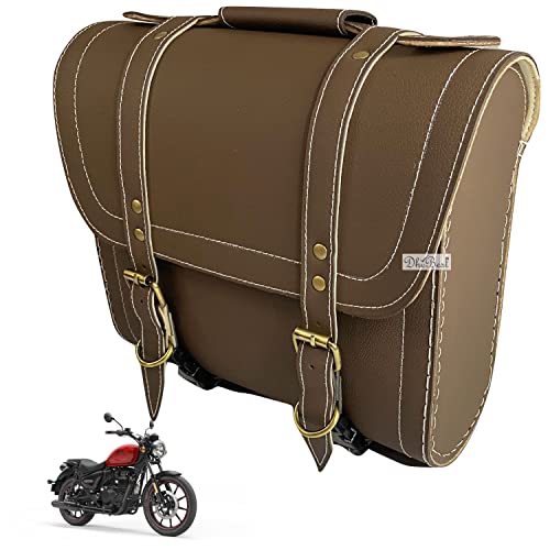 Dhe Best Bike Saddle Bag Waterproof Rectangle Side SaddleBag with Golden Buckle with Strap Fitted Brown Compatible with RE meteor-350