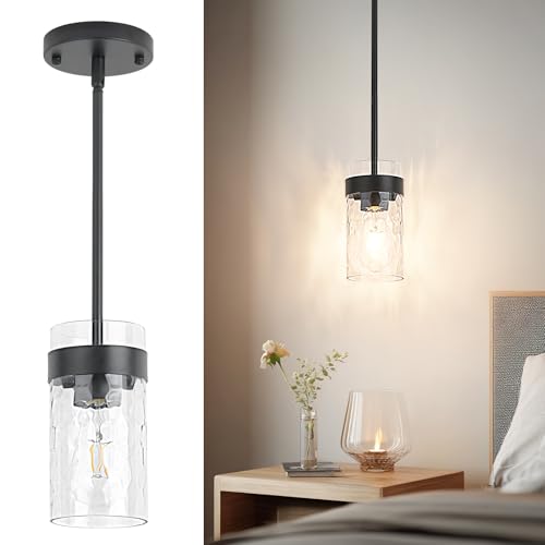 Image of Water Ripple Glass Pendant Lights Kitchen Island Black, 1 Pack | Adjustable Modern Mini Hanging Light for Sink Dining Room Foyer Entryway