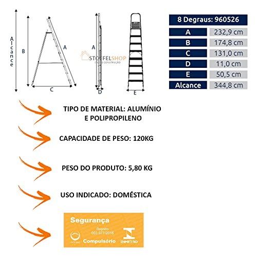 Escada Dobravel 8 Degraus em Aluminio Alumasa 120 kg de Capacidade