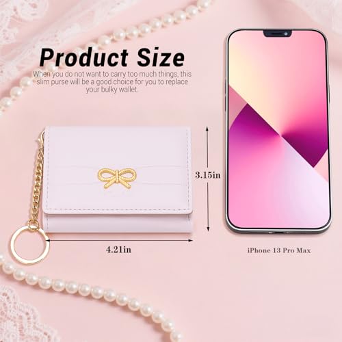 YINHEXI Wallet for Women, Cute Coquette Bow Wallet, Small RFID Blocking Wallet with Keychian Trifold PU Leather Card Holder with ID Window & Aesthetic Design (Tri-fold, Bow Pink)4