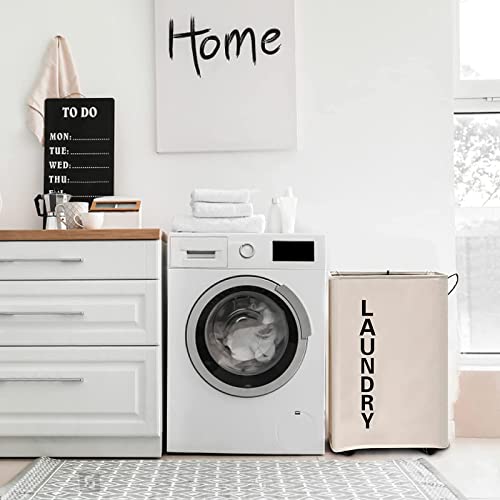 92L Large Laundry Hamper With Leather Handle,Standable Laundry Basket With Wheels ,Large Hamper,Rolling Laundry Basket White #TOP3