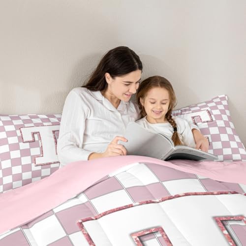 Image of Erosebridal Pink Initial T Comforter Set King Kawaii Plaid Checkered Bedding Set Cute Personalized Monogram Comforter for Kids Girls Teen Women,Fashion Grids Gingham Quilt Duvet
