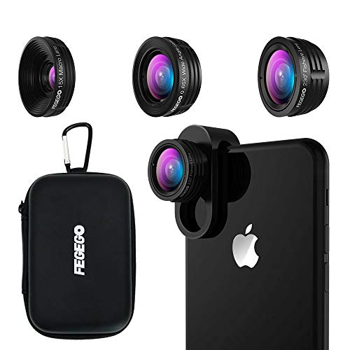 FEGEGO Phone Camera Lens Kit,0.65X Wide Angle Lens,230° Fisheye Lens,15X Macro Lens,Clip on Cell Phone Lens for iPhone Camera Lens for iPhone 7 Plus, 8, 7, 6s, Samsung & Smartphones