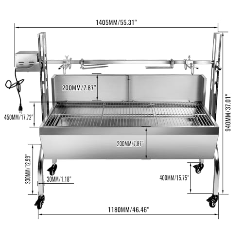 Migoda 176LBS Stainless Steel Rotisserie Grill With Back Cover Guard, 25W Motor Small Pig Lamb Roaster, 37\'\' 2 in 1 BBQ Charcoal Grill for Camping Outdoor Kitchen