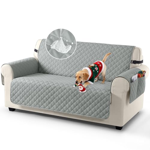 TAOCOCO Sofa Covers 100% Waterproof Sofa Slipcovers 2 Seater,Couch Covers with Storage Pockets,Anti Slip Settee Covers,Washable Sofa Protector for Kids/Dogs/Pets(Grey)